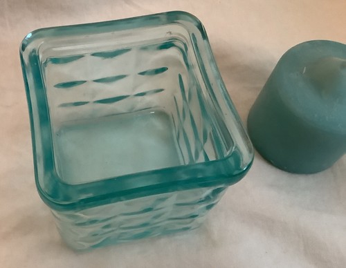 3" Square Cube Turquoise Blue Glass Candle Holder (3.5" tall) with Votive Candle - Picture 5 of 5