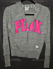 PINK Victoria's Secret PINK Womens Gray Logo Full Zip Hooded Hoodie Pockets XS