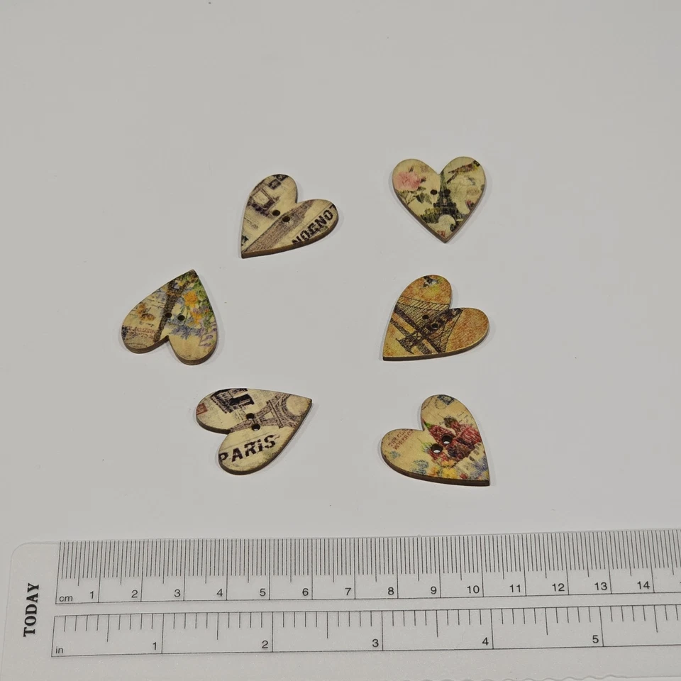 6 Wooden Heart Shaped Buttons Paris France Romantic Eiffel Tower Floral Craft - Image 2 of 3