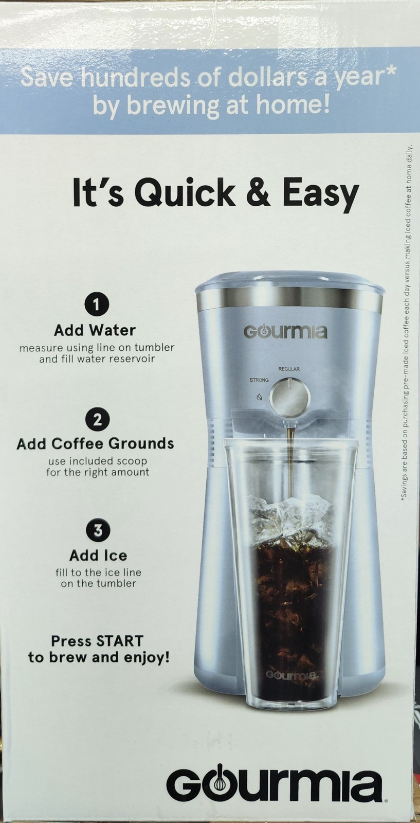 Gourmia GCM3210BLU Iced Coffee Maker with 25 fl oz. Reusable Tumbler, Blue