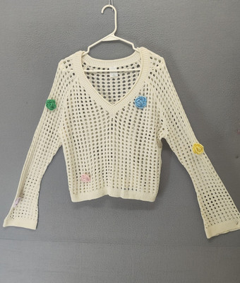 Wild Fable Women Sweater XXL Crochet Flower Flared Long Sleeve Open Knit Pullove