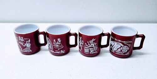 4 Vintage Maroon Hazel Atlas Childs Indian Mugs Cups Milk Glass Native American