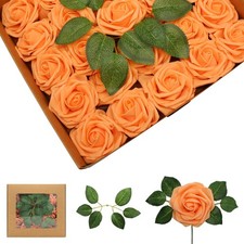 50 PCS Orange Foam Roses with Leaves Real Looking Artificial Flowers for DIY