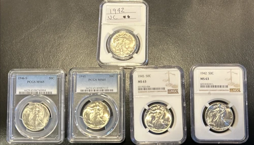 5 Walking Liberty Half Dollars PCGS MS65 NGC MS63 1942 1945 1946-S Silver Coins