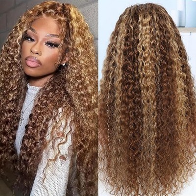 13x6 Water Wave Lace Front Wigs Human Hair 30 Inch Honey Blonde Ombre Highlig...