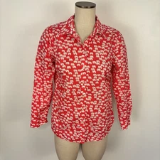 Talbots Womens MP Shirt Pink Elephant Print Top Blouse Button Roll-Tab Cotton