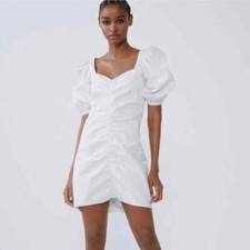 Zara White Puff Sleeve Ruched Mini Dress Size Small