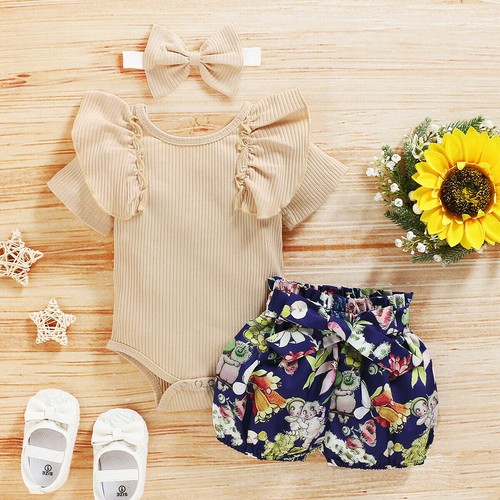 3PCS Newborn Baby Girl Clothes Floral T Shirt Tops Shorts Headband Outfits Sets - Picture 22 of 27