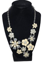 Flower Necklace Chunky Statement Piece Metal Enamel Gray Biege Silver Pearl EUC