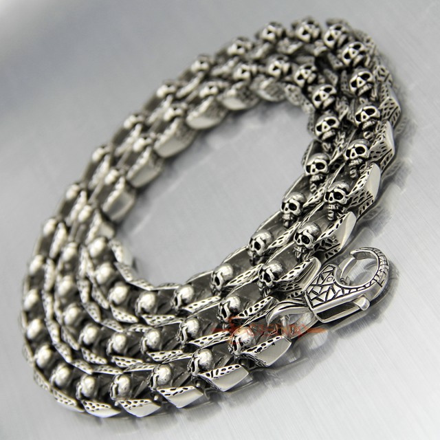 Mens Vintage Heavy 316L Stainless Steel Skull Necklace Skeleton Curb