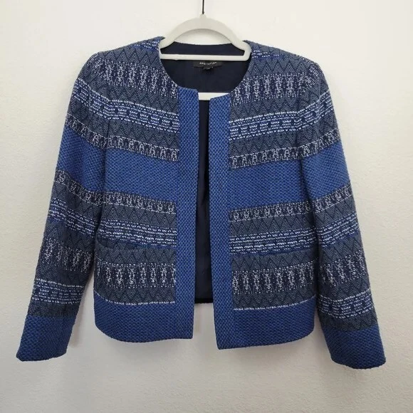 NWOT Ann Taylor $139 Striped Tweed Jacket Multi Blue Open Front Blazer Size 6 - Image 3 of 4