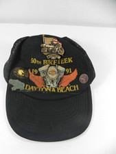 1991 50th Anniv Bike Week Daytona Beach Black Snap Back Trucker Hat with 4 Pins