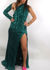 Emerald Green Sequin One Shoulder Side Slit Backless Maxi Gown Dress Gala Size S
