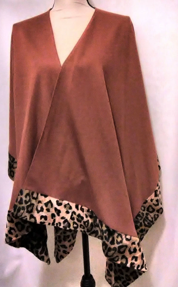 PILIPO USA Women Long Warm Shawl Wrap Brown with faux Leopard lining on bottom - Image 2 of 4