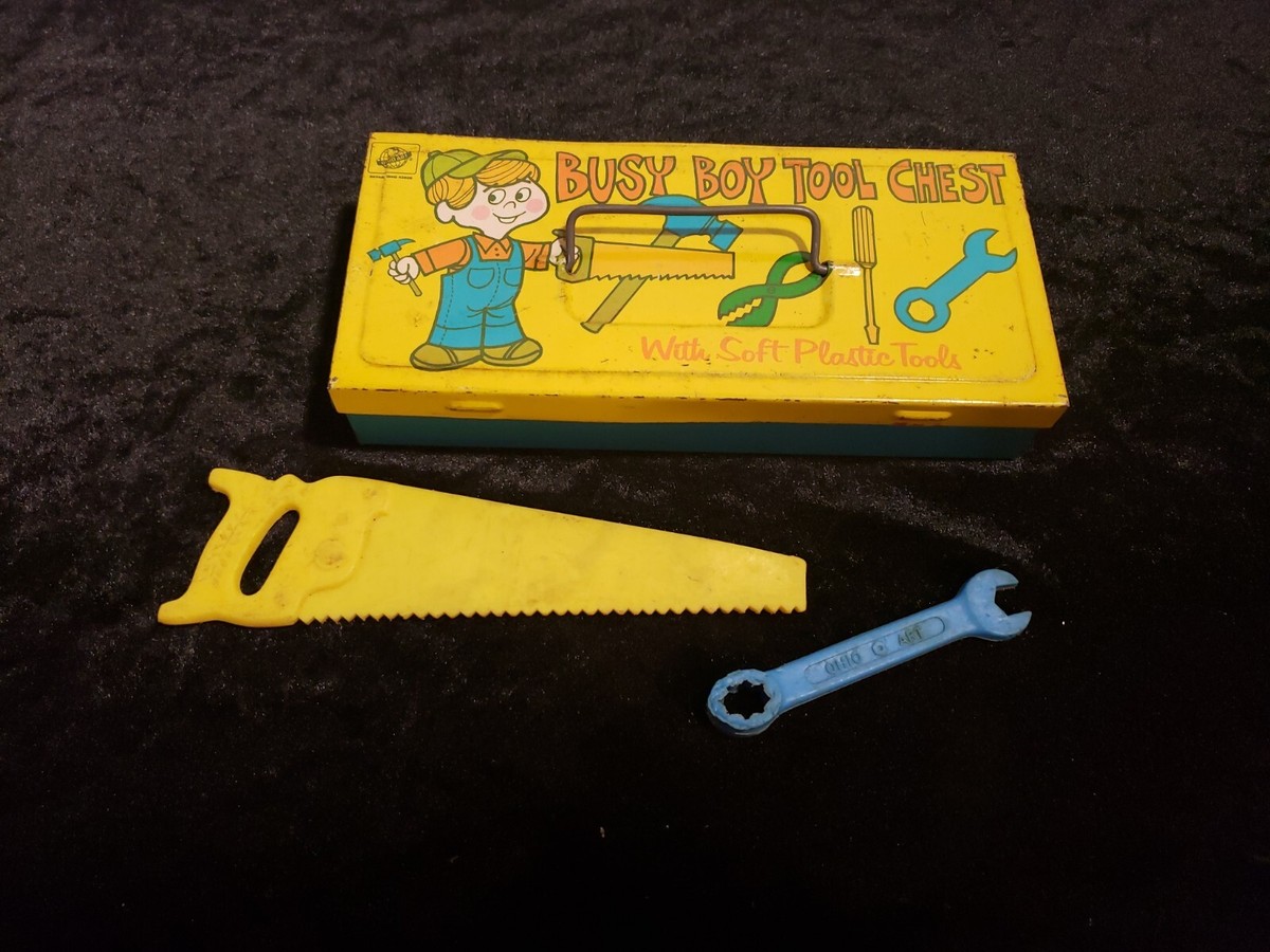 Vintage 1950's Busy Boy Tool Chest Tin Toy Box W/ plastic tools