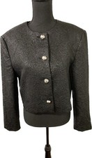 ZARA Black Blazer Jacket Floral Embossed Short 4 Button Round Neck Medium NEW