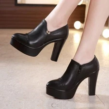 Women Black Platform Pointed Toe Pumps High Heels Thick Heel Party Shoes Office