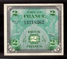 1944 France WWII Allied Military Currency, 2 Francs.  Pic# 114 XF (CRISP)
