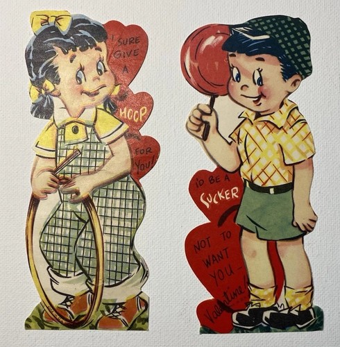 Vintage Die Cut Valentines Lot Of 2 Little Boy And Girl Lollipop And Hoop - Used