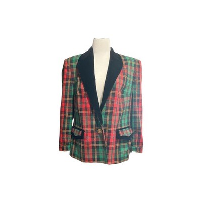 Givenchy Tartan Plaid Wool Velvet 80s Boxy Blazer Jacket Sz 14W