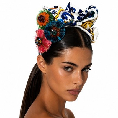 DOLCE & GABBANA Majolika Kristall Raffia Brosche Seide Tiara Haarreif Krone Blau