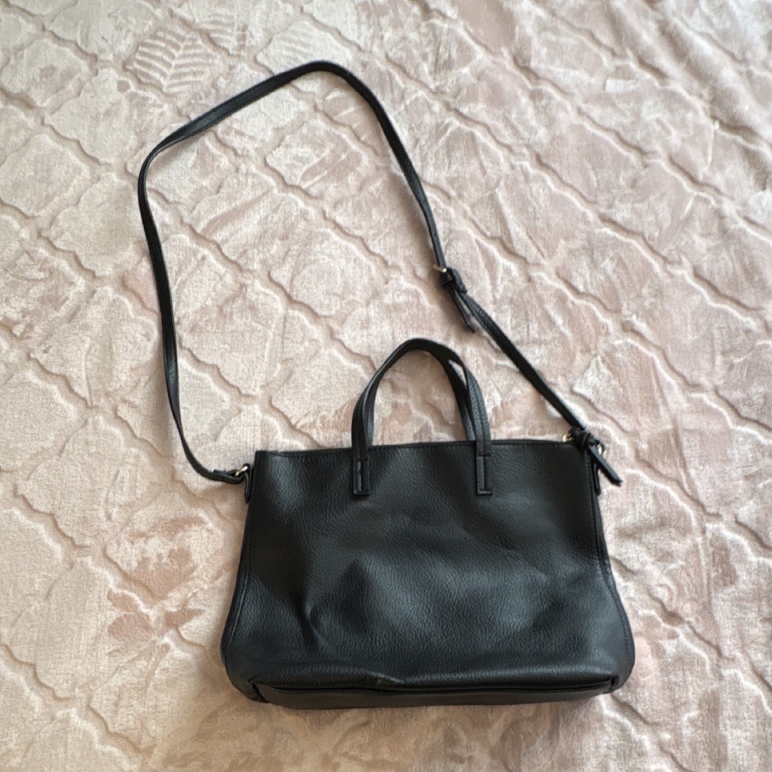 Black Pebbled Satchel Bag with Double Handles, Adjustable Strap & Zipper Accent