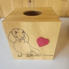 Wood Tissue Cover Box With Dachshund Wood Burned with Red Heart