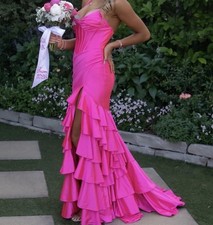 Sherri Hill Pink Sleeveless Ruffle Tiered Mermaid Formal Bridesmaid Long Gown