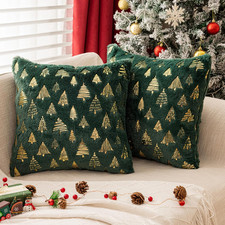 Christmas Tree Pillow Covers 18x18 Green Faux Fur Glitter Decor Set of 2