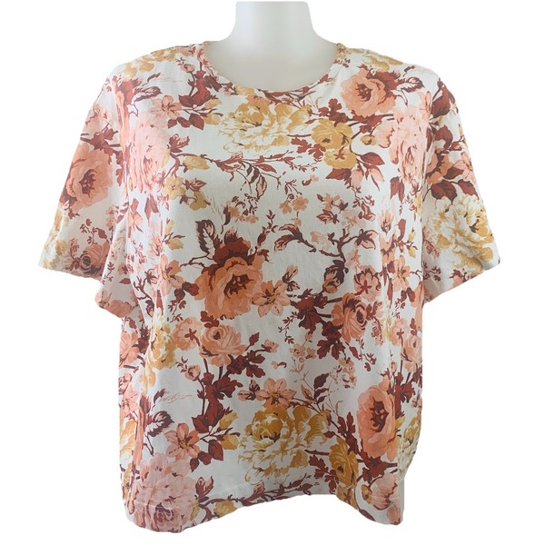 Zoe Moss cotton floral print short sleeve t shirt top women's large red pinks