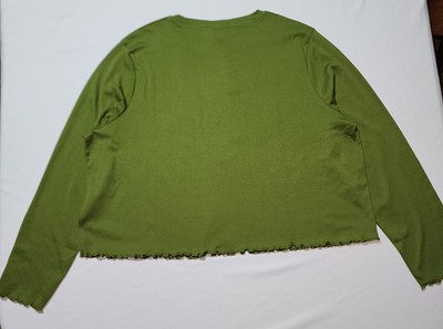 Lucy & Yak Hansel -Lettuce Hem Long Sleeve Cotton Crop Top - Pesto