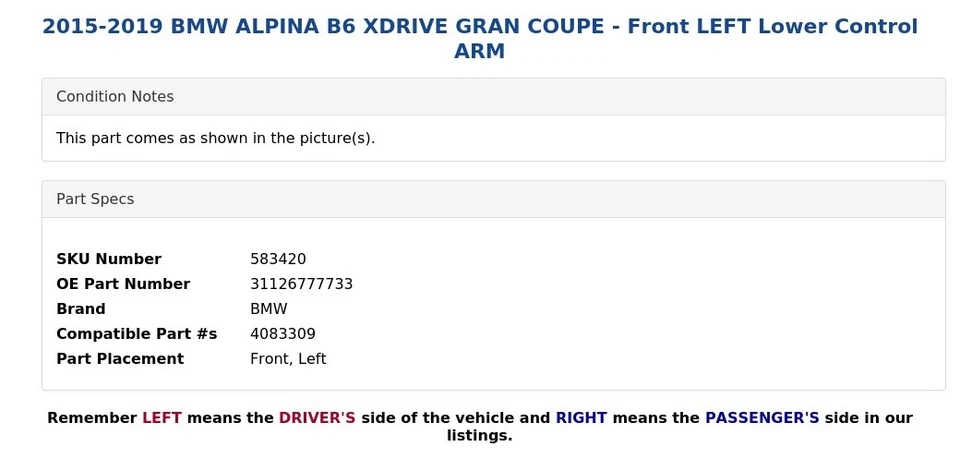 2015-2019 BMW ALPINA B6 XDRIVE GRAN COUPE - Braço de controle inferior esquerdo dianteiro - Imagem 4 de 4