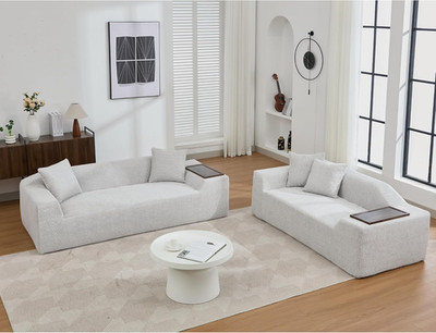 Modern 2-Piece Boucle Cloud Sofa Set with End Tables - Light Gray