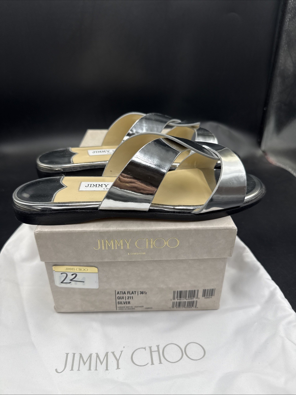JIMMY CHOO Atia Silver Leather Flat Slip On Mules Sandals Uk 3.5 Eu 36.5 New