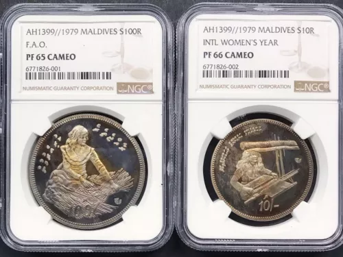 Maldives 1979  2 coins 100 + 10 rufiyaa FAO + WOMEN'S Ag. NGC PF65 +  PF66 CAMEO
