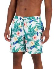 Club Room Men's Daniel Tropical Swim Trunks Tropical Print White Green Small