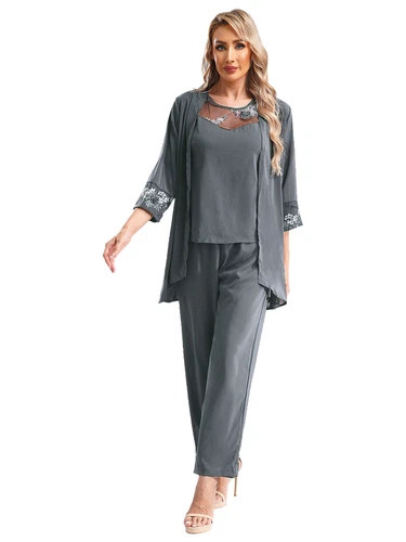 Womens 3 Piece Chiffon Pant Suits Tank Top Cardigan and Pants Evening Outfits - Picture 74 of 95