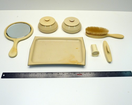 Vintage Celluloid French Pyralin Vanity Bathroom Makeup Dresser Set - Picture 2 of 10
