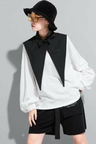 Ladies White Black  Dagger Collar Top Design Urban Edgy Loose Sweater 10  12 - Picture 1 of 12