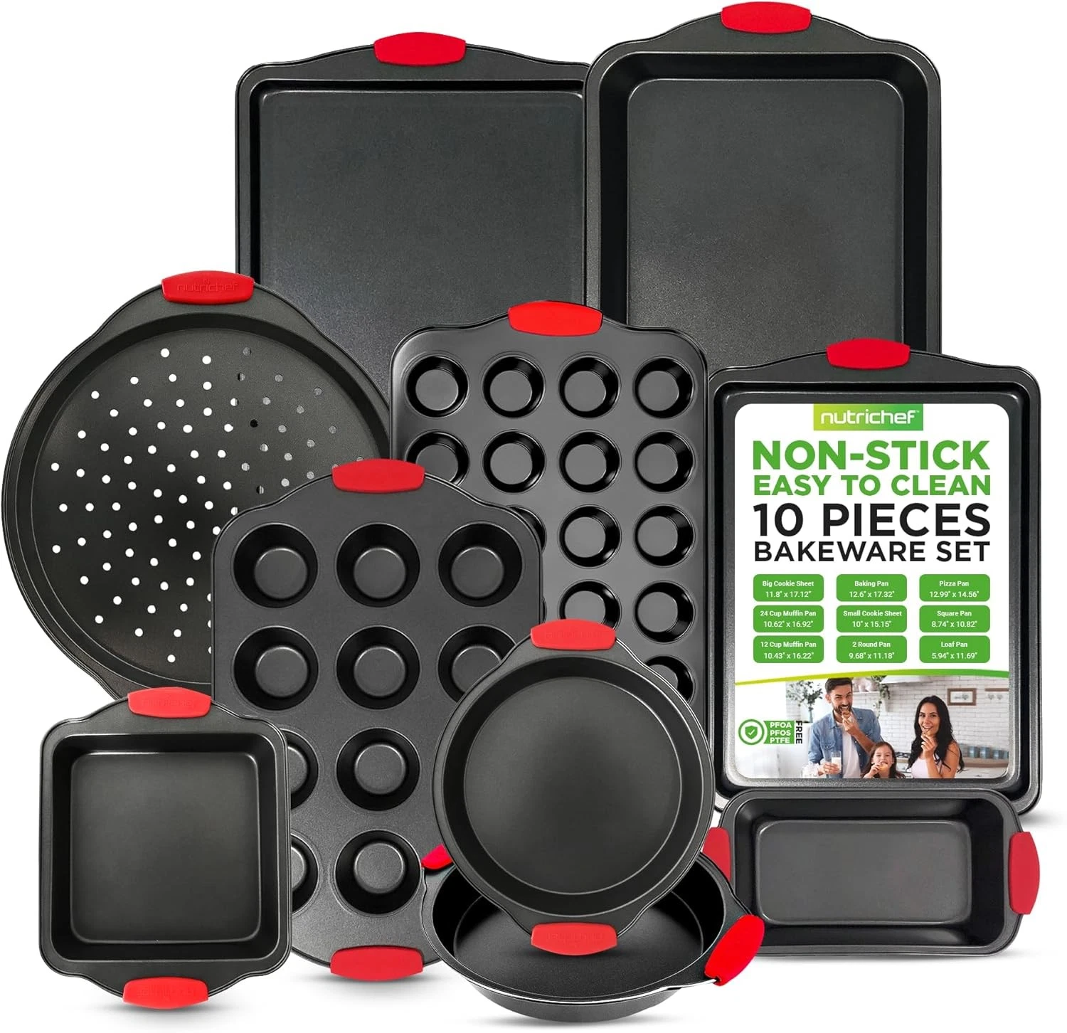 NutriChef Premium 10-Piece Bakeware Set - Flexible Assorted Sizes, Black, Red