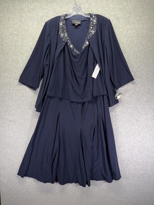 Alex Evenings Dress Jacket Set Womens 18W Blue Beaded Cowl Neck Formal Evening