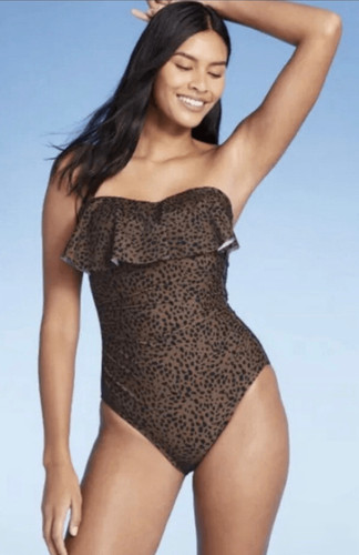 Kona Sol Bandeau Flounce Full Coverage One Piece Swimsuit XL Leopard