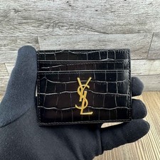 Saint Laurent Cassandre Card Holder Black Croc Embossed Leather New Box