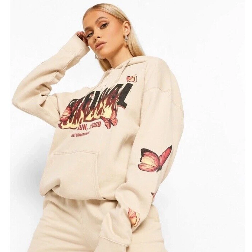 boohooMAN Plus Official Flame & Butterfly Print Designer Hoodie Size Large - Image 2 of 4