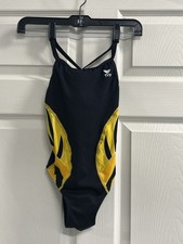 TYR Girls 26 Durafast Elite Phoenix Splice Diamondfit Swimsuit Black Yellow EUC