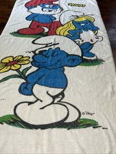 Vtg Smurfs Beach Towel White 80s Papa Smurf Smurfette Bashful Lawtex 30 x 52.75