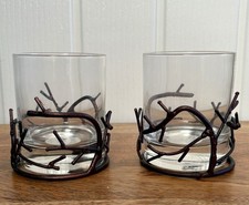 Pair of Kenneth Turner Glass Candle Holders With Metal Branch Design 3.5”