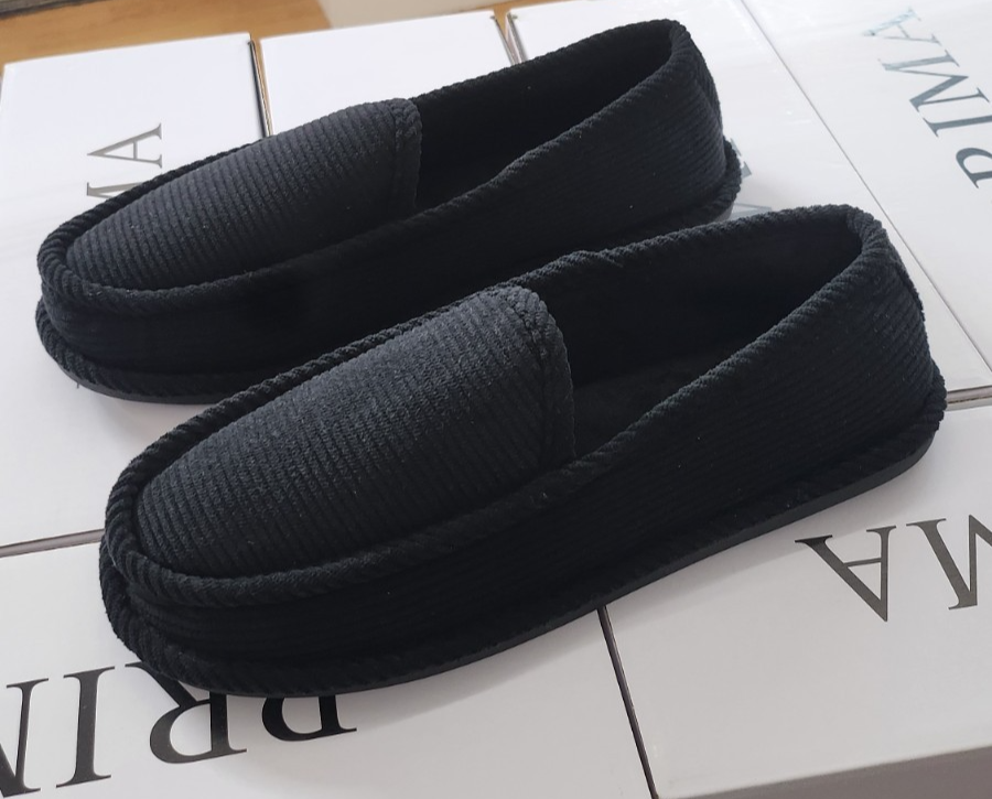 MEN'S CORDUROY HOUSE SHOES MOCCASIN SLIP-ON BLACK-image