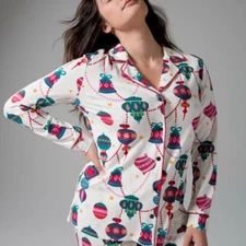 SOMA Christmas Pajama Set Cool Nights Button Pants Ornament Cream Red Pink Large