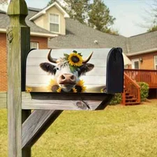 Sunflower Highland Cow Standard Size Mailbox Cover / Wrap - 18" x 21"